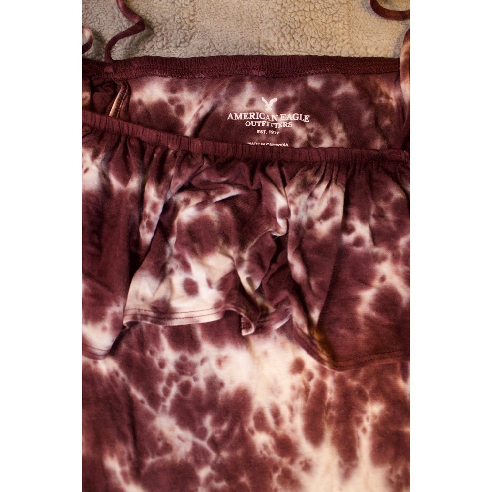 American Eagle Tie Dye Ruffle Off Shoulder Bodysuit Burgundy White Size Small - Picture 3 of 3